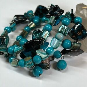 Stretchy turquoise colored glass and acrylic bead bracelets set of 3